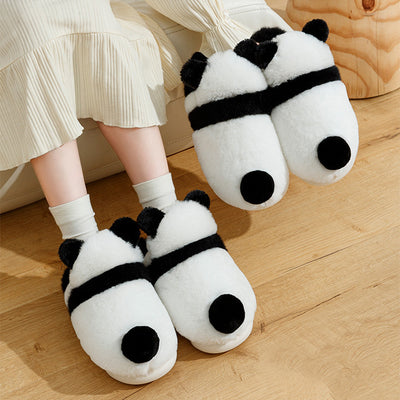 Cute Panda Shoes Winter Plush Slippers Women Warm Cartoon Garden House Shoes Indoor Home Thick Sole Footwear Non-Slip Fluffy Household Slides