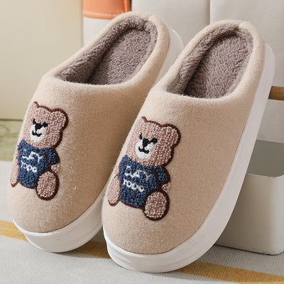 Lovely Cartoon Bear Woolen Slippers For Women Winter Indoor Thick-soled Non-slip Home Slippers Breathable Warm Bedroom Floor House Shoes