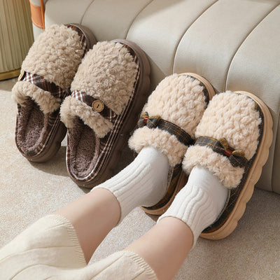 Winter Plush Slippers With Bow Button Design Indoor Non-slip Thick-soled Fur Home Slipper Fluffy Slides Household Warm Hose Shoes For Women