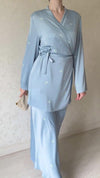 New V-neck Stylish Temperament Long Sleeves Embroidered Satin Dress Suit